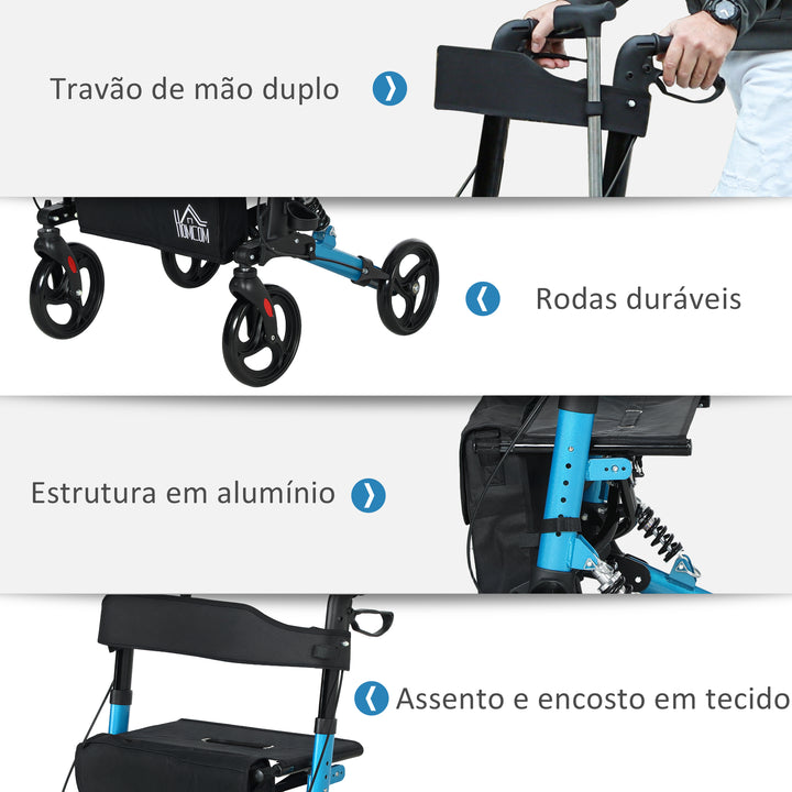 Andarilho Idosos Dobrável de Alumínio Andador para Pessoas Maiores com Assento e 4 Rodas Andarrilho com Altura Ajustável Travão e Bolsa de Transporte 66x65x80-93 cm Preto e Azul