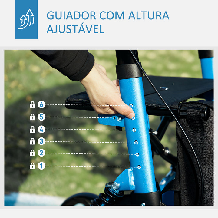 Andarilho Idosos Dobrável de Alumínio Andador para Pessoas Maiores com Assento e 4 Rodas Andarrilho com Altura Ajustável Travão e Bolsa de Transporte 66x65x80-93 cm Preto e Azul