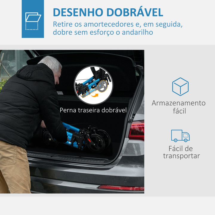 Andarilho Idosos Dobrável de Alumínio Andador para Pessoas Maiores com Assento e 4 Rodas Andarrilho com Altura Ajustável Travão e Bolsa de Transporte 66x65x80-93 cm Preto e Azul