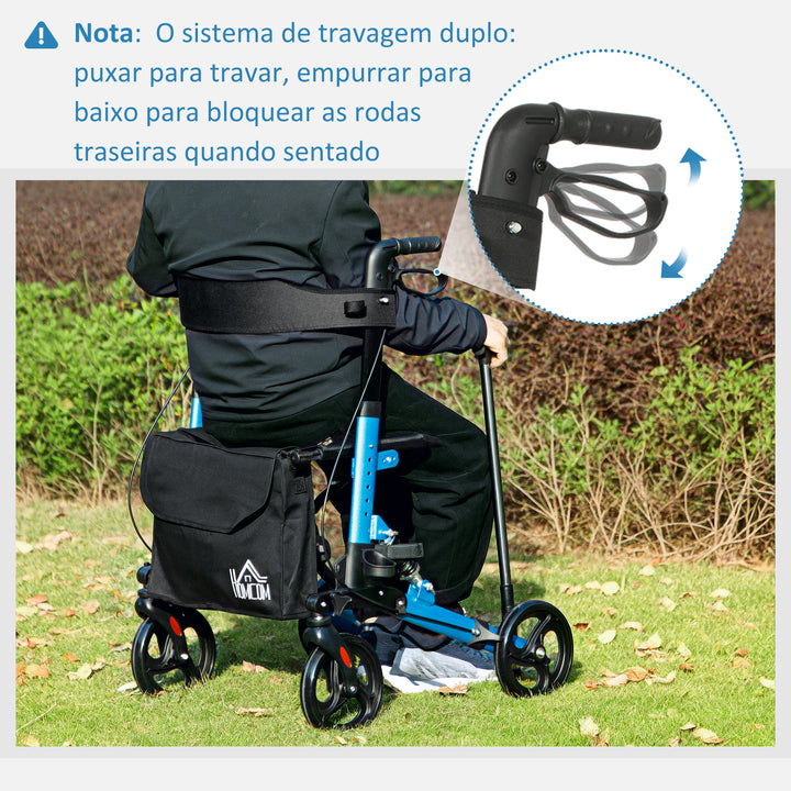 Andarilho Idosos Dobrável de Alumínio Andador para Pessoas Maiores com Assento e 4 Rodas Andarrilho com Altura Ajustável Travão e Bolsa de Transporte 66x65x80-93 cm Preto e Azul