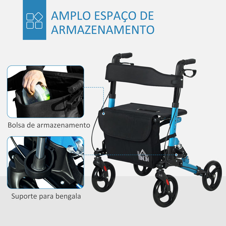 Andarilho Idosos Dobrável de Alumínio Andador para Pessoas Maiores com Assento e 4 Rodas Andarrilho com Altura Ajustável Travão e Bolsa de Transporte 66x65x80-93 cm Preto e Azul