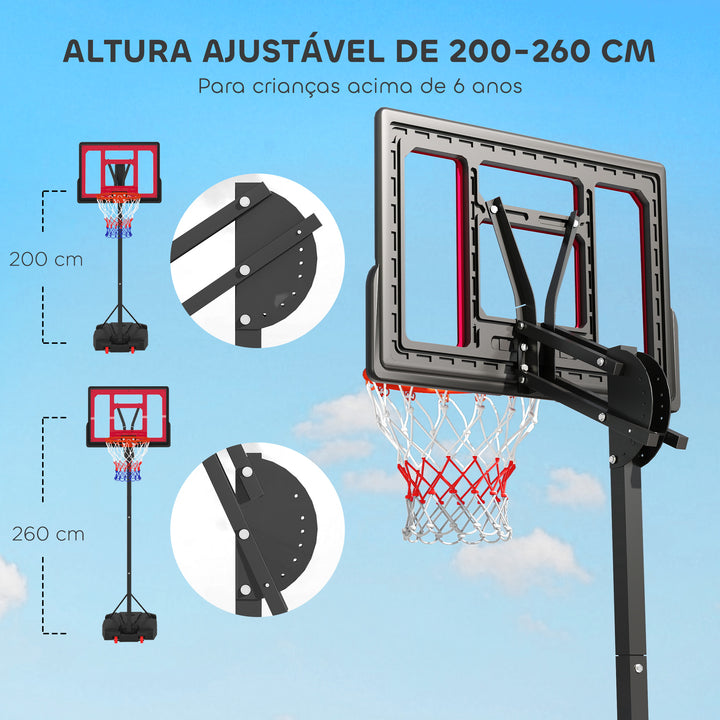 Tabela de Basquetebol para Crianças com Altura Ajustável de 200 a 260 cm Cesta de Basquetebol para Interior e Exterior com Saco de Pesos para Crianças a partir dos 6 Anos Vermelho e Preto