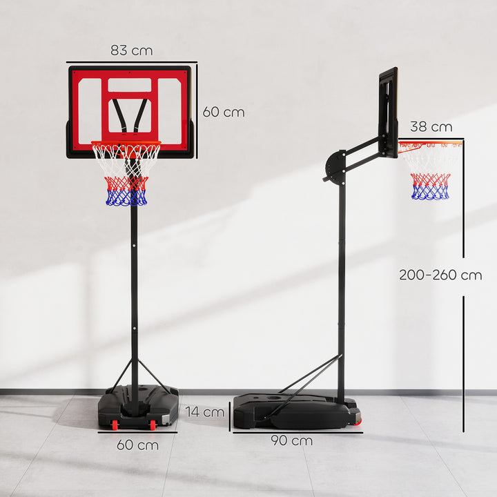 Tabela de Basquetebol para Crianças com Altura Ajustável de 200 a 260 cm Cesta de Basquetebol para Interior e Exterior com Saco de Pesos para Crianças a partir dos 6 Anos Vermelho e Preto