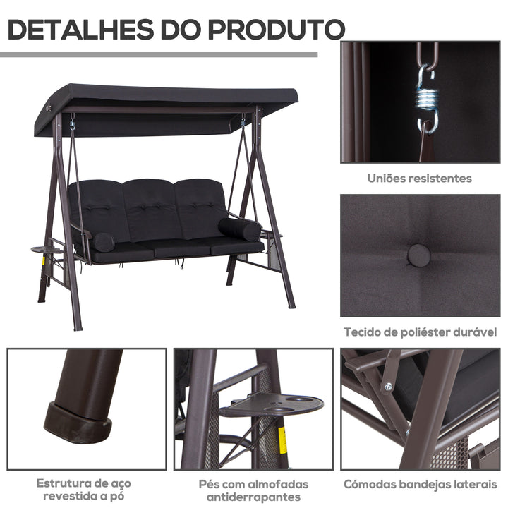 Banco Baloiço de Jardim de 3 Lugares com Teto 2 Almofadas Suporte para Bebidas e Estrutura de Metal para Terraço Balcão Exterior Carga Máxima 360kg 206x116x183 cm Preto