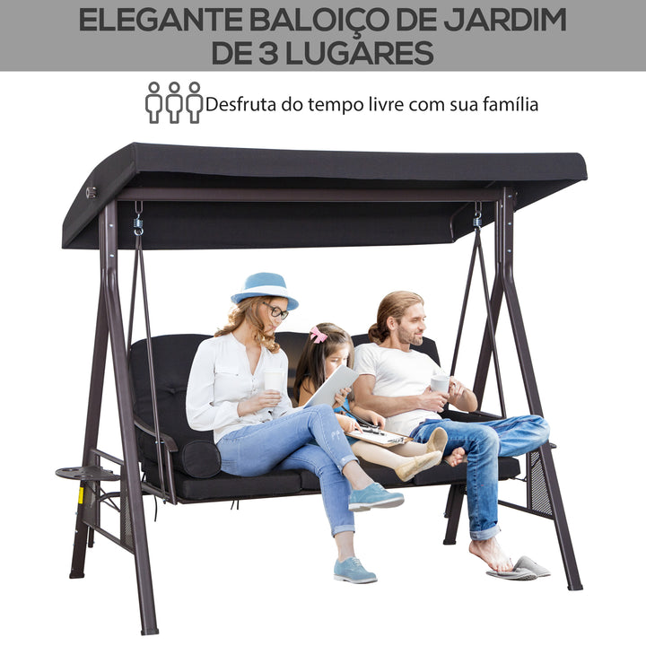 Banco Baloiço de Jardim de 3 Lugares com Teto 2 Almofadas Suporte para Bebidas e Estrutura de Metal para Terraço Balcão Exterior Carga Máxima 360kg 206x116x183 cm Preto