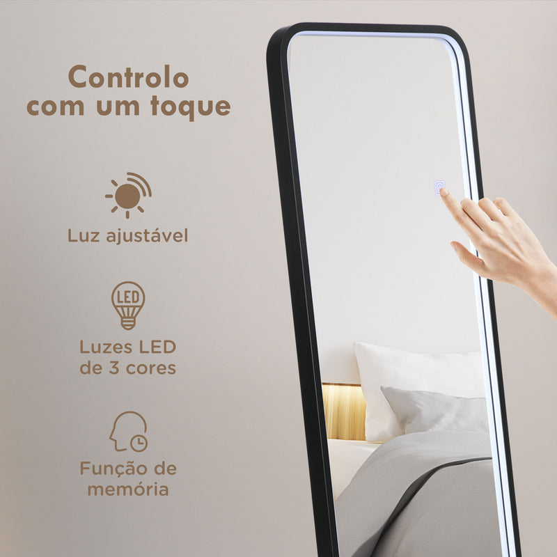 Espelho de Pé com Luzes LED Espelho de Corpo Inteiro 151,5x50 cm Independente ou de Parede com Iluminação Ajustável em 3 Cores Função de Memória para Dormitório Preto