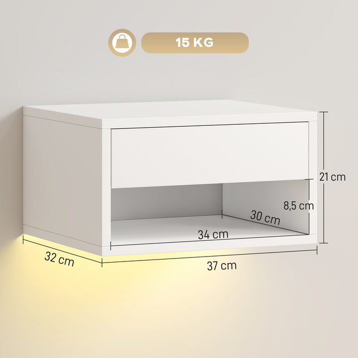 Conjunto de 2 Mesas de Cabeceira Flutuantes com Luzes LED RGB Controlo por APP Mesas de Cabeceira para Quarto com Gaveta Prateleira Aberta 37x32x21 cm Branco