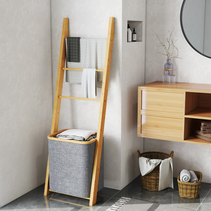 Estante para Casa de Banho de Bambu Toalheiro de Pé com 3 Barras e Cesto para Roupa Suja Removível de 48 L para Quarto Lavandaria 43x35x133 cm Cinzento