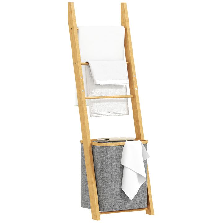 Estante para Casa de Banho de Bambu Toalheiro de Pé com 3 Barras e Cesto para Roupa Suja Removível de 48 L para Quarto Lavandaria 43x35x133 cm Cinzento