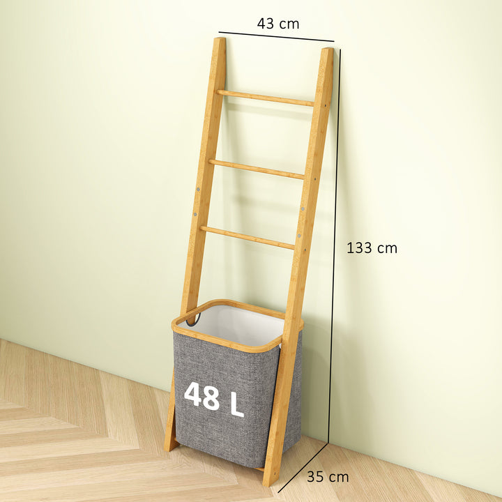 Estante para Casa de Banho de Bambu Toalheiro de Pé com 3 Barras e Cesto para Roupa Suja Removível de 48 L para Quarto Lavandaria 43x35x133 cm Cinzento