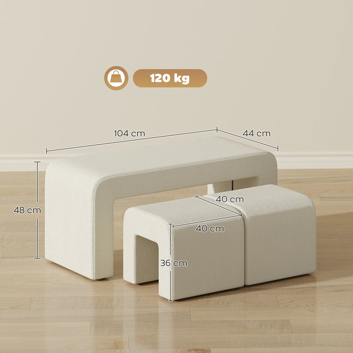 Conjunto de 3 Bancos Grande e 2 Pequenos Bancos Modernos em Veludo Design Compacto para Sala Entrada Corredor Quarto 104x44x48 cm Creme