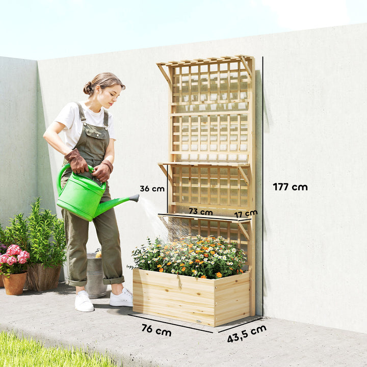 Jardineira com Treliça e Teto em Madeira, Jardineira Exterior Grande para Plantas Trepadeiras, com 2 Prateleiras, Drenagem e Forro, Floreira Elevada para Pátio, Terraço, 76x43,5x177 cm, Natural