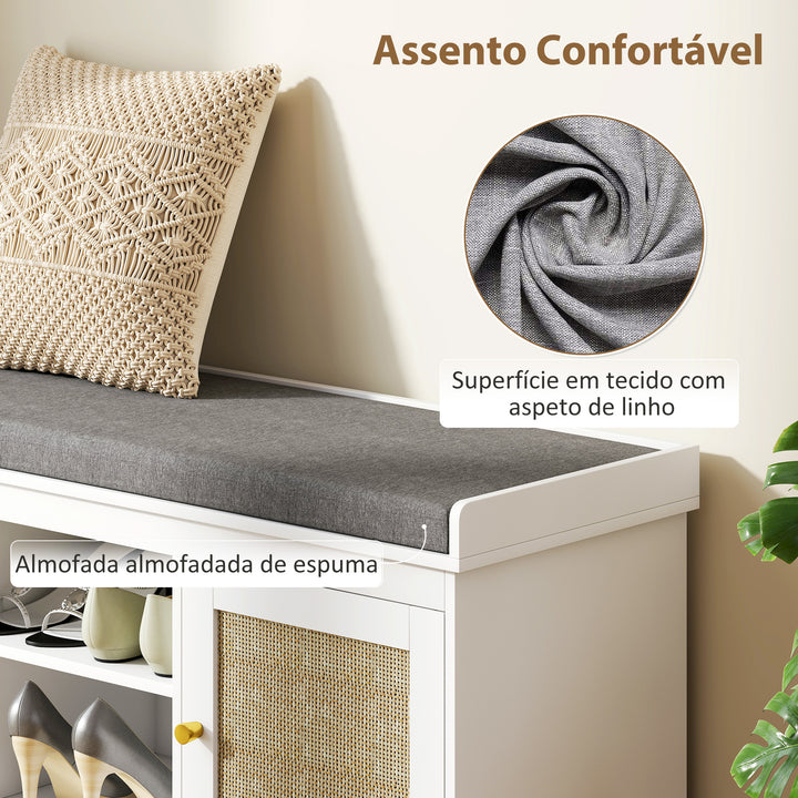 Banco Sapateira Móvel Sapateira Boémio com Assento Acolchoado Portas com Frente em Vime Prateleira Aberta Prateleira Ajustável para 9 Pares de Sapatos para Entrada 105x35x47 cm Branco