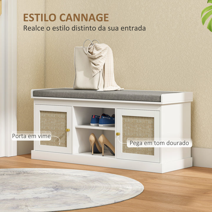 Banco Sapateira Móvel Sapateira Boémio com Assento Acolchoado Portas com Frente em Vime Prateleira Aberta Prateleira Ajustável para 9 Pares de Sapatos para Entrada 105x35x47 cm Branco