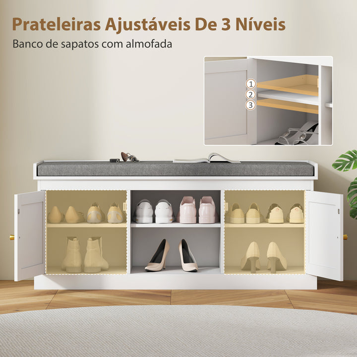 Banco Sapateira Móvel Sapateira Boémio com Assento Acolchoado Portas com Frente em Vime Prateleira Aberta Prateleira Ajustável para 9 Pares de Sapatos para Entrada 105x35x47 cm Branco