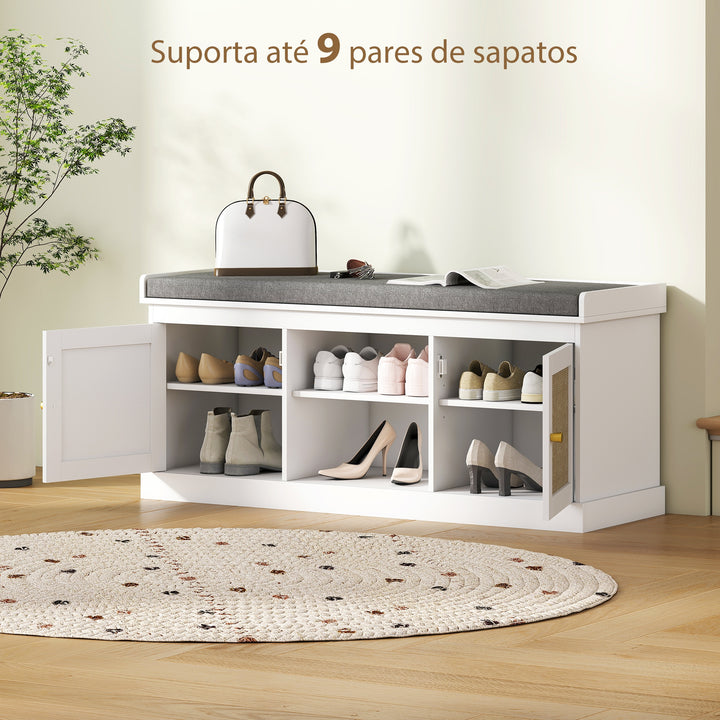 Banco Sapateira Móvel Sapateira Boémio com Assento Acolchoado Portas com Frente em Vime Prateleira Aberta Prateleira Ajustável para 9 Pares de Sapatos para Entrada 105x35x47 cm Branco