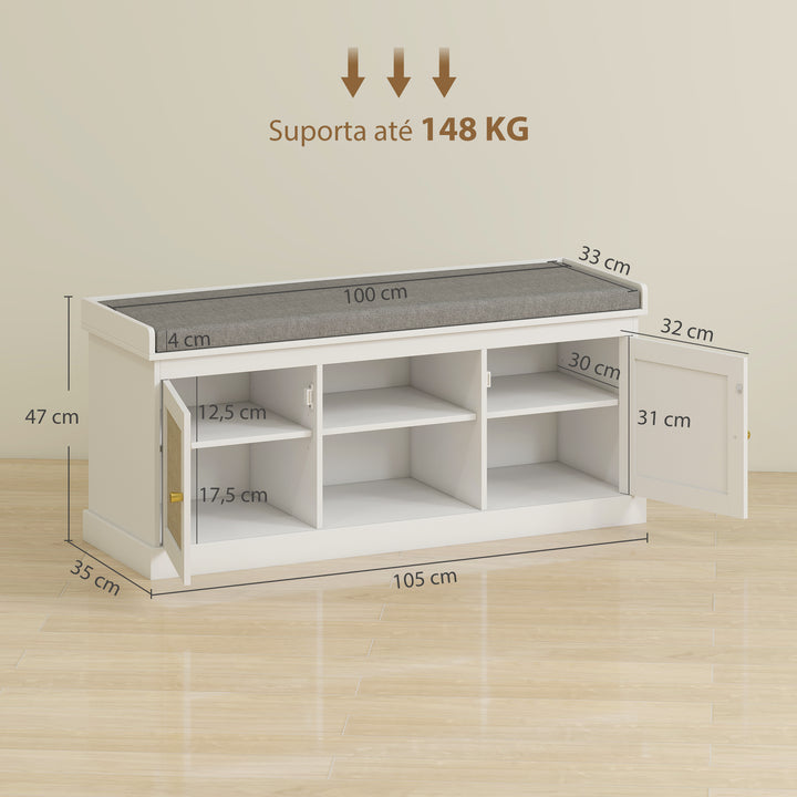 Banco Sapateira Móvel Sapateira Boémio com Assento Acolchoado Portas com Frente em Vime Prateleira Aberta Prateleira Ajustável para 9 Pares de Sapatos para Entrada 105x35x47 cm Branco