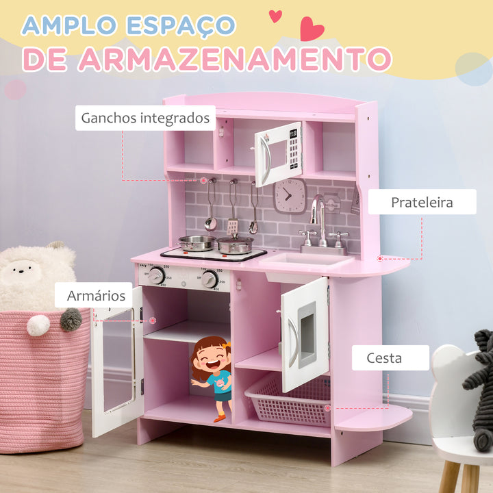 Cozinha Infantil para Crianças acima de 3 Anos Cozinha Infantil com Luzes Sons Lavatório Fogão Dispensador de Água e Forno 70x29x90cm Rosa