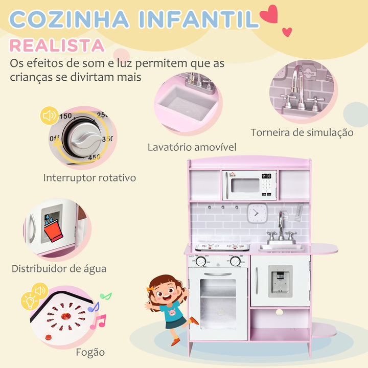 Cozinha Infantil para Crianças acima de 3 Anos Cozinha Infantil com Luzes Sons Lavatório Fogão Dispensador de Água e Forno 70x29x90cm Rosa