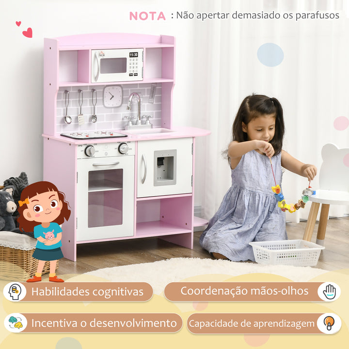 Cozinha Infantil para Crianças acima de 3 Anos Cozinha Infantil com Luzes Sons Lavatório Fogão Dispensador de Água e Forno 70x29x90cm Rosa
