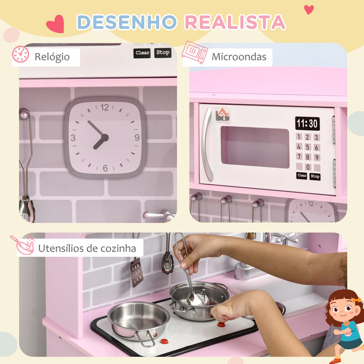 Cozinha Infantil para Crianças acima de 3 Anos Cozinha Infantil com Luzes Sons Lavatório Fogão Dispensador de Água e Forno 70x29x90cm Rosa