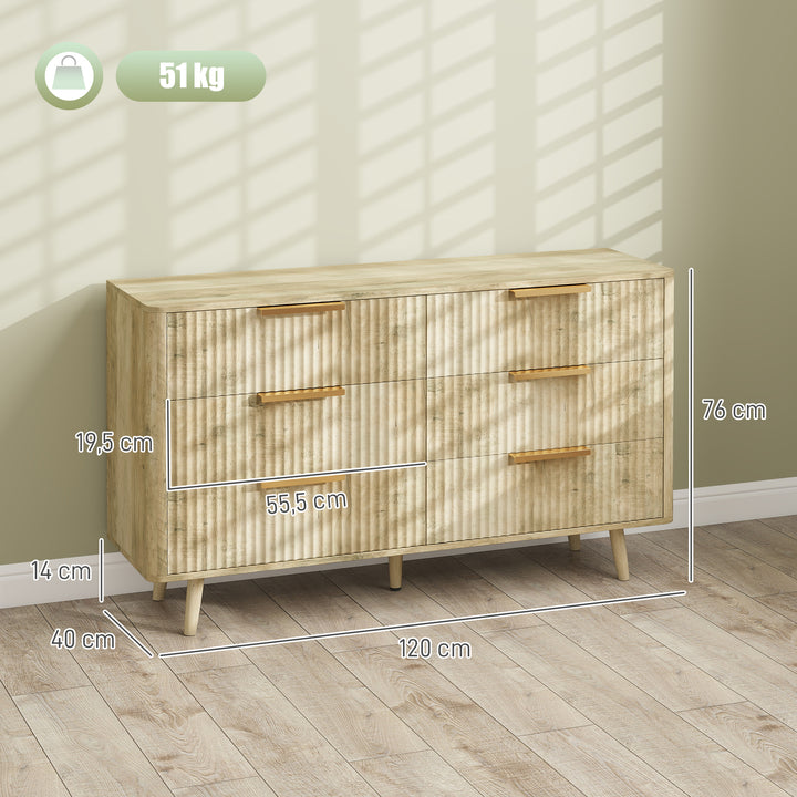 Cómoda com 6 Gavetas para Dormitório Cómoda com Frentes das Gavetas Estriadas e Pés de Madeira Cómoda para Sala ou Corredor 120x40x76 cm Madeira