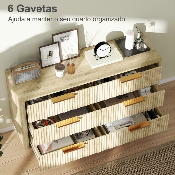 Cómoda com 6 Gavetas para Dormitório Cómoda com Frentes das Gavetas Estriadas e Pés de Madeira Cómoda para Sala ou Corredor 120x40x76 cm Madeira