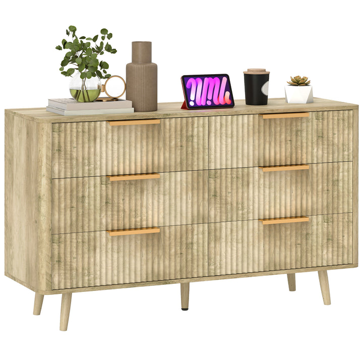 Cómoda com 6 Gavetas para Dormitório Cómoda com Frentes das Gavetas Estriadas e Pés de Madeira Cómoda para Sala ou Corredor 120x40x76 cm Madeira