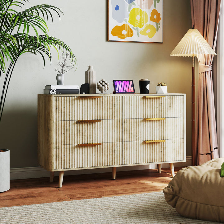Cómoda com 6 Gavetas para Dormitório Cómoda com Frentes das Gavetas Estriadas e Pés de Madeira Cómoda para Sala ou Corredor 120x40x76 cm Madeira