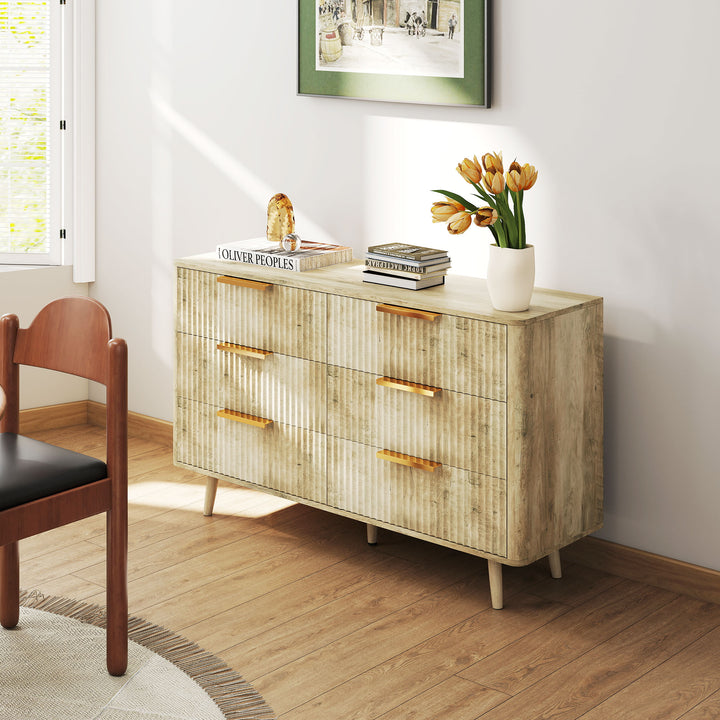 Cómoda com 6 Gavetas para Dormitório Cómoda com Frentes das Gavetas Estriadas e Pés de Madeira Cómoda para Sala ou Corredor 120x40x76 cm Madeira