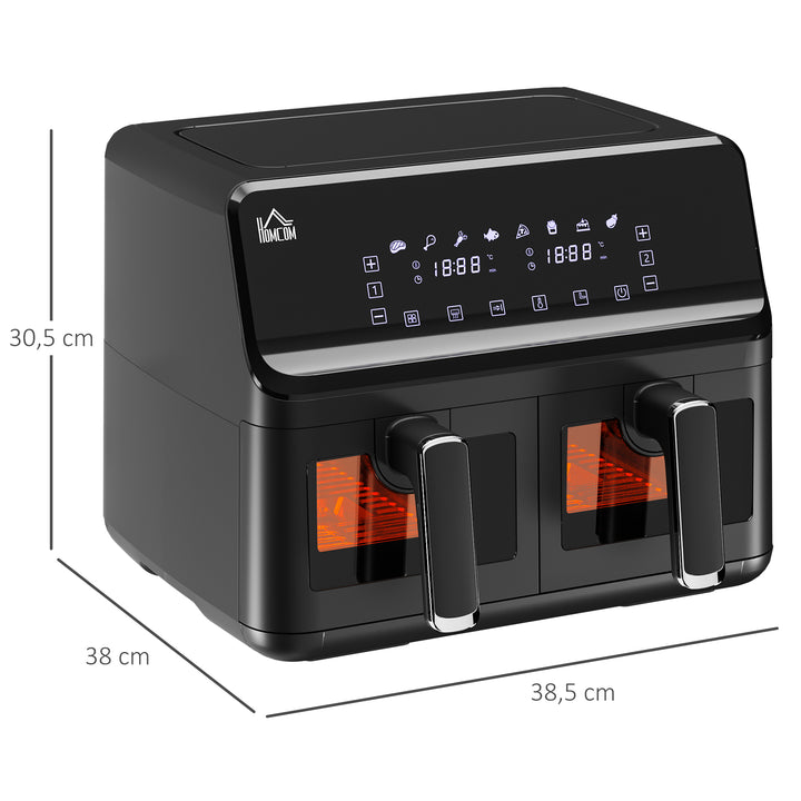 Fritadeira sem Óleo Dupla 8L Fritadeira de Ar Quente 2500W com 8 Programas Ecrã LED Tátil Temperatura Ajustável 80-200°C Temporizador e Cesta Antiaderente 38,5x38x30,5 cm Preto