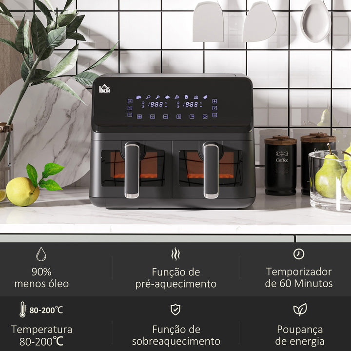 Fritadeira sem Óleo Dupla 8L Fritadeira de Ar Quente 2500W com 8 Programas Ecrã LED Tátil Temperatura Ajustável 80-200°C Temporizador e Cesta Antiaderente 38,5x38x30,5 cm Preto