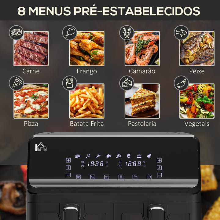 Fritadeira sem Óleo Dupla 8L Fritadeira de Ar Quente 2500W com 8 Programas Ecrã LED Tátil Temperatura Ajustável 80-200°C Temporizador e Cesta Antiaderente 38,5x38x30,5 cm Preto