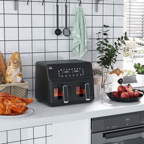Fritadeira sem Óleo Dupla 8L Fritadeira de Ar Quente 2500W com 8 Programas Ecrã LED Tátil Temperatura Ajustável 80-200°C Temporizador e Cesta Antiaderente 38,5x38x30,5 cm Preto
