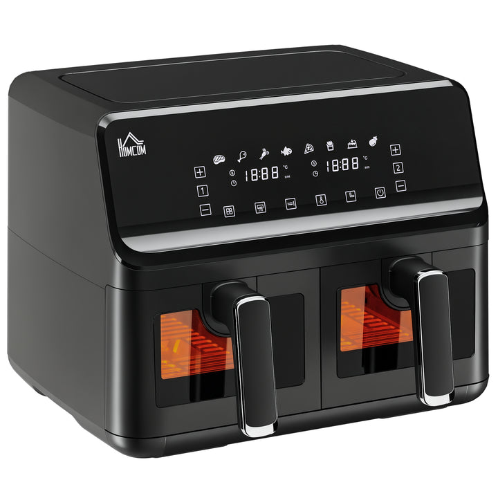 Fritadeira sem Óleo Dupla 8L Fritadeira de Ar Quente 2500W com 8 Programas Ecrã LED Tátil Temperatura Ajustável 80-200°C Temporizador e Cesta Antiaderente 38,5x38x30,5 cm Preto