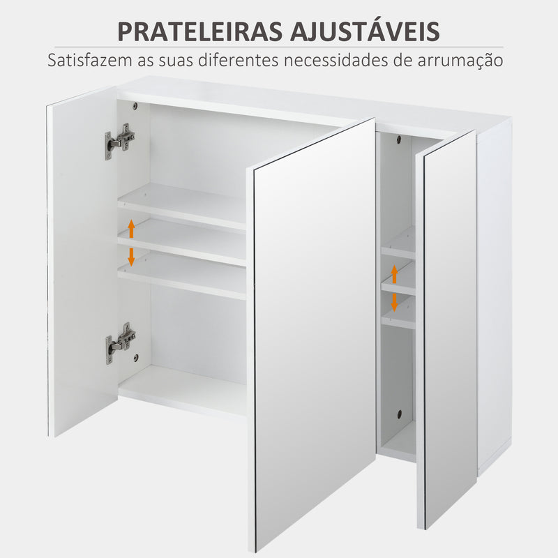 Armário de Casa de Banho com 3 Portas com Espelho Armário de Parede para Casa de Banho com Prateleiras Internas Ajustáveis 70x15x60 cm Branco