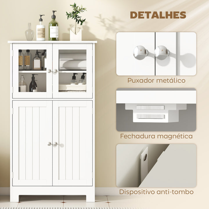 Armário Casa de Banho Móvel Auxiliar com Portas de Vidro Temperado e Prateleiras Ajustáveis para Cozinha Sala de Jantar Sala de Estar 60x30x108,5cm Branco
