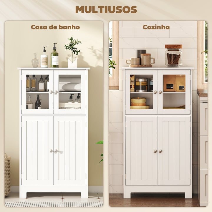 Armário Casa de Banho Móvel Auxiliar com Portas de Vidro Temperado e Prateleiras Ajustáveis para Cozinha Sala de Jantar Sala de Estar 60x30x108,5cm Branco
