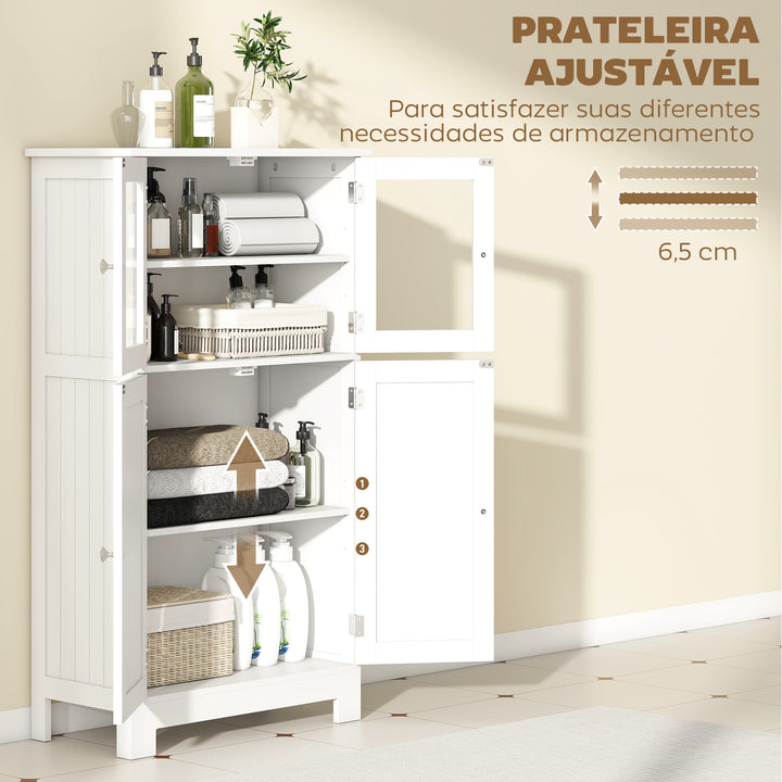 Armário Casa de Banho Móvel Auxiliar com Portas de Vidro Temperado e Prateleiras Ajustáveis para Cozinha Sala de Jantar Sala de Estar 60x30x108,5cm Branco