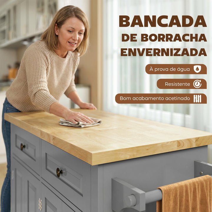 Ilha de Cozinha com Rodas Móvel Auxiliar de Cozinha com 2 Gavetas 4 Portas Suporte para Temperos e Barra Lateral 111x44,5x82,5 cm Cinzento e Madeira