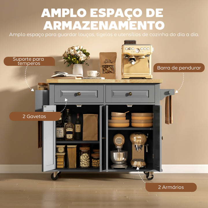 Ilha de Cozinha com Rodas Móvel Auxiliar de Cozinha com 2 Gavetas 4 Portas Suporte para Temperos e Barra Lateral 111x44,5x82,5 cm Cinzento e Madeira