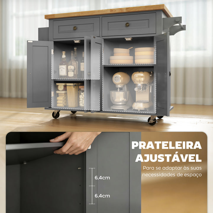 Ilha de Cozinha com Rodas Móvel Auxiliar de Cozinha com 2 Gavetas 4 Portas Suporte para Temperos e Barra Lateral 111x44,5x82,5 cm Cinzento e Madeira