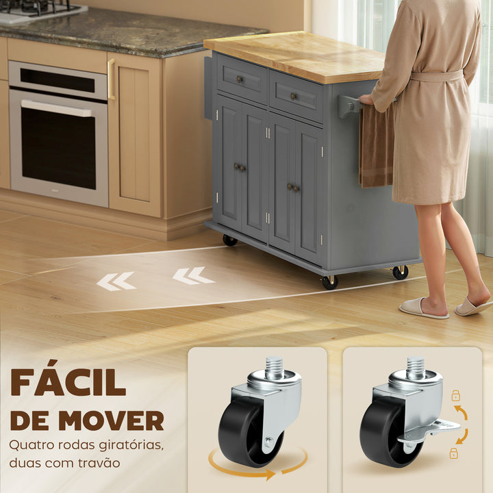 Ilha de Cozinha com Rodas Móvel Auxiliar de Cozinha com 2 Gavetas 4 Portas Suporte para Temperos e Barra Lateral 111x44,5x82,5 cm Cinzento e Madeira
