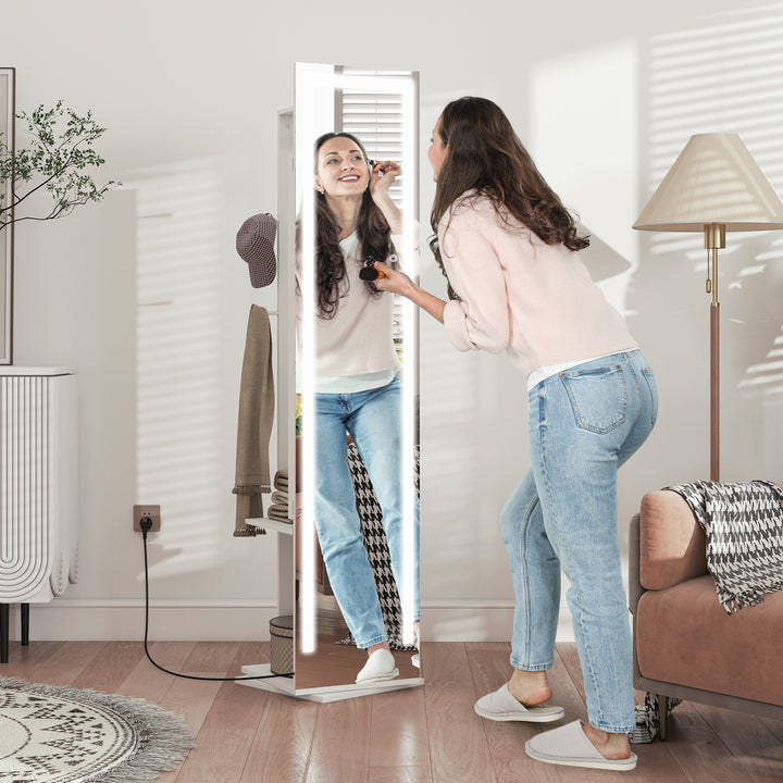 Espelho para Jóias com Luzes LED Armário para Jóias com Espelho de Corpo Inteiro Rotativo 360° Prateleiras Abertas Barras para Pendurar 38,5x38,5x172,5 cm Branco