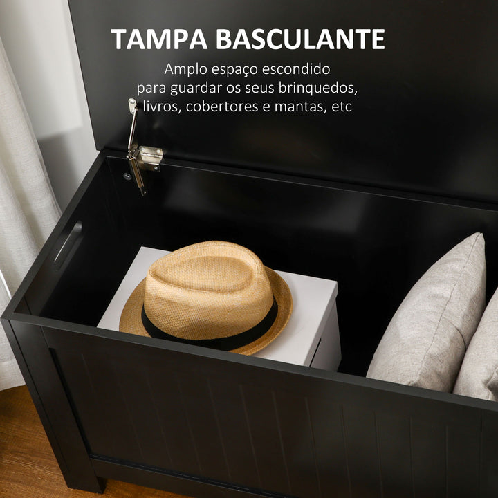 Baú de Armazenamento de Madeira Baú de Arrumação com Dobradiça de Segurança para Dormitório Sala de Estar Carga Máxima 20 kg 81x40x46 cm Preto