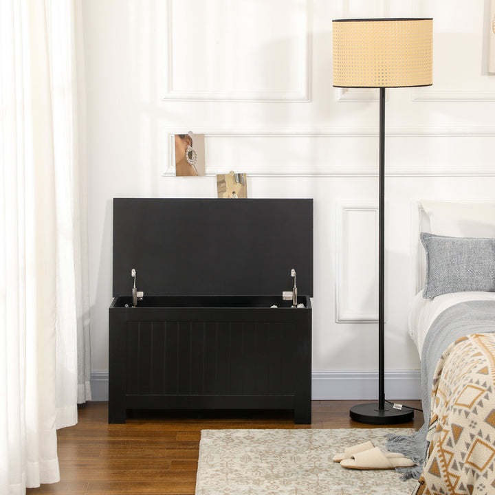 Baú de Armazenamento de Madeira Baú de Arrumação com Dobradiça de Segurança para Dormitório Sala de Estar Carga Máxima 20 kg 81x40x46 cm Preto