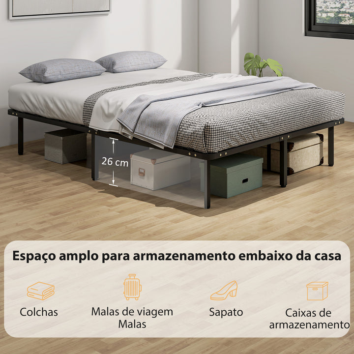 Estrado 140x190 cm Altura 26 cm Estrutura de Cama de Plataforma de Aço com Espaço de Armazenamento por Baixo e Ripas de Álamo Fácil de Montar Carga 350 kg Preto