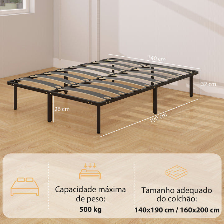 Estrado 140x190 cm Altura 26 cm Estrutura de Cama de Plataforma de Aço com Espaço de Armazenamento por Baixo e Ripas de Álamo Fácil de Montar Carga 350 kg Preto