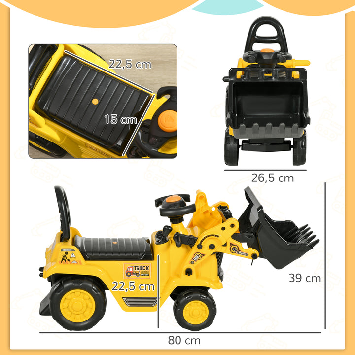 Carro Andador para Crianças de 18 a 48 Meses Escavadora para Crianças com Pá Dianteira Buzina Volante e Compartimento Oculto sob o Assento Carga 30 kg 80x26,5x39 cm Amarelo