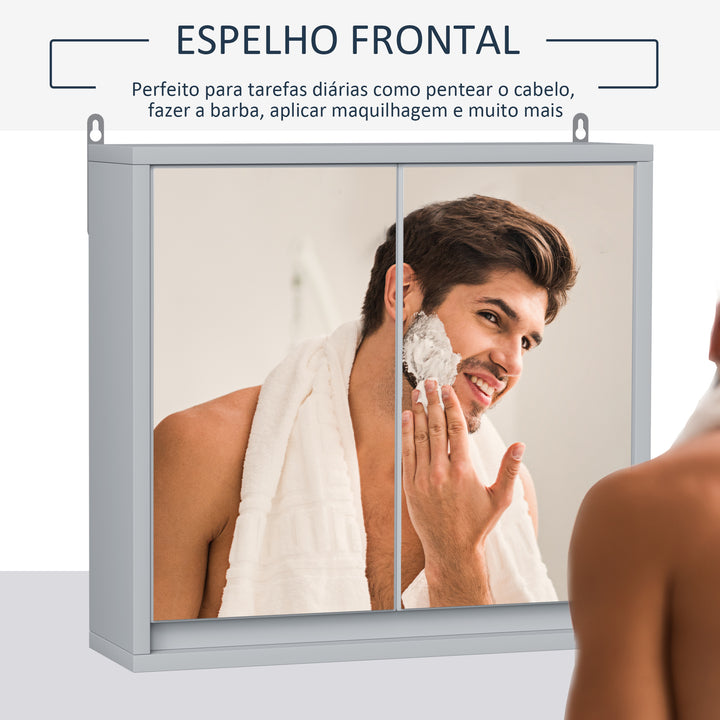 Armário de banheiro com espelho de parede com prateleira ajustável 3 níveis 2 portas 48x14,5x45 cm Cinza